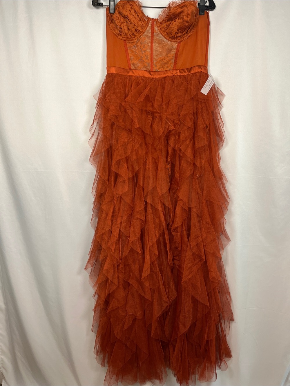 For love & lemons NWT bustier strapless lace tulle ruffle gown rust sz L - Picture 4 of 12